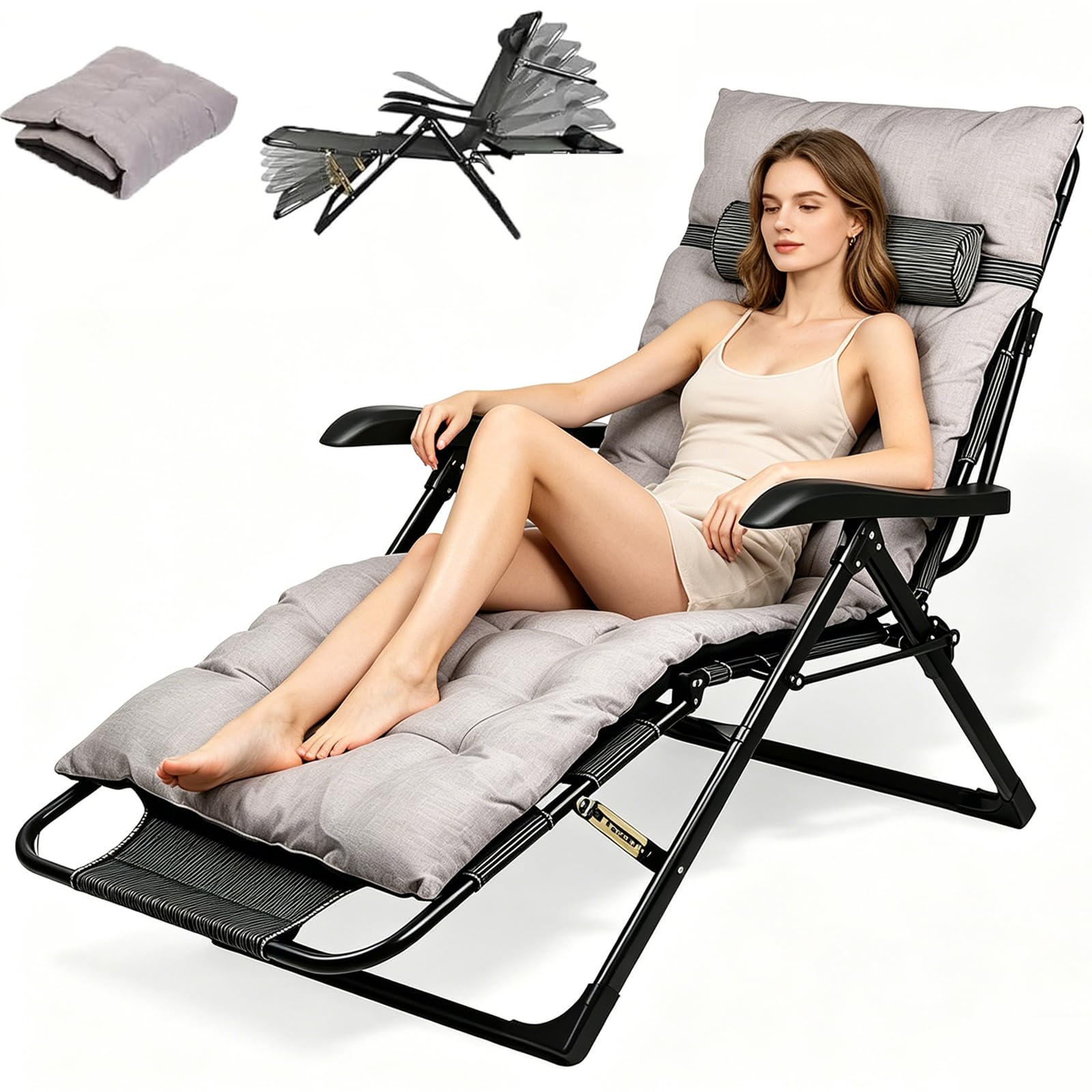 Klappbare Sonnenliege mit Polster, Ergonomischer Liegestuhl für Garten und Terrasse, 7-Fach Verstellbare Rückenlehne, Outdoor Relaxliege bis 150 kg, Gartenstuhl für Balkon und Terrasse (Grau - a)