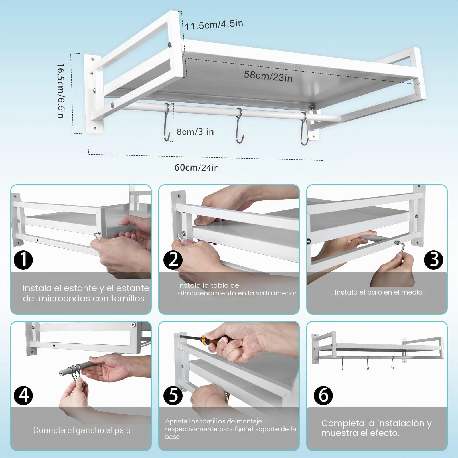 ABCOOL Estante de pared para horno microondas, soporte de encimera de acero al carbono blanco con riel de gancho y 3 ganchos deslizantes para cocina y hogar