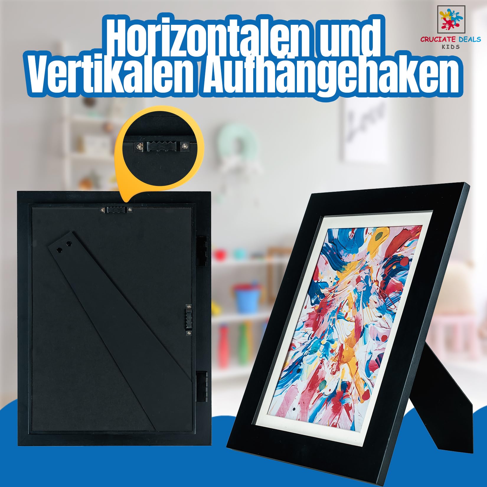 Bilderrahmen aus hochwertigem Holz für kinderzeichnungen A4 - Aufklappbar wechselbilderrahmen - mit Malbuch von Tieren (Schwarz)