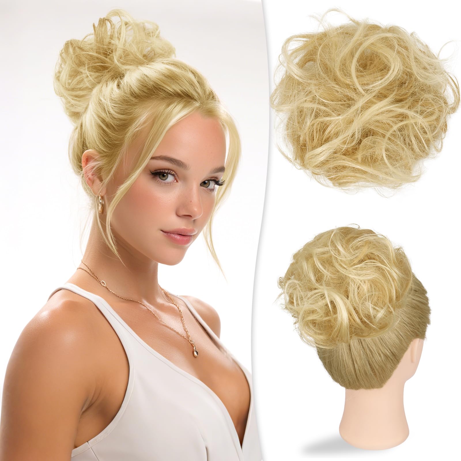 RUWISS Chignon Cheveux Humain, Faux Chignon Bouclés Ondulés Postiche Chignon Chouchou Cheveux Naturel pour Femme, 32g Blond Doré