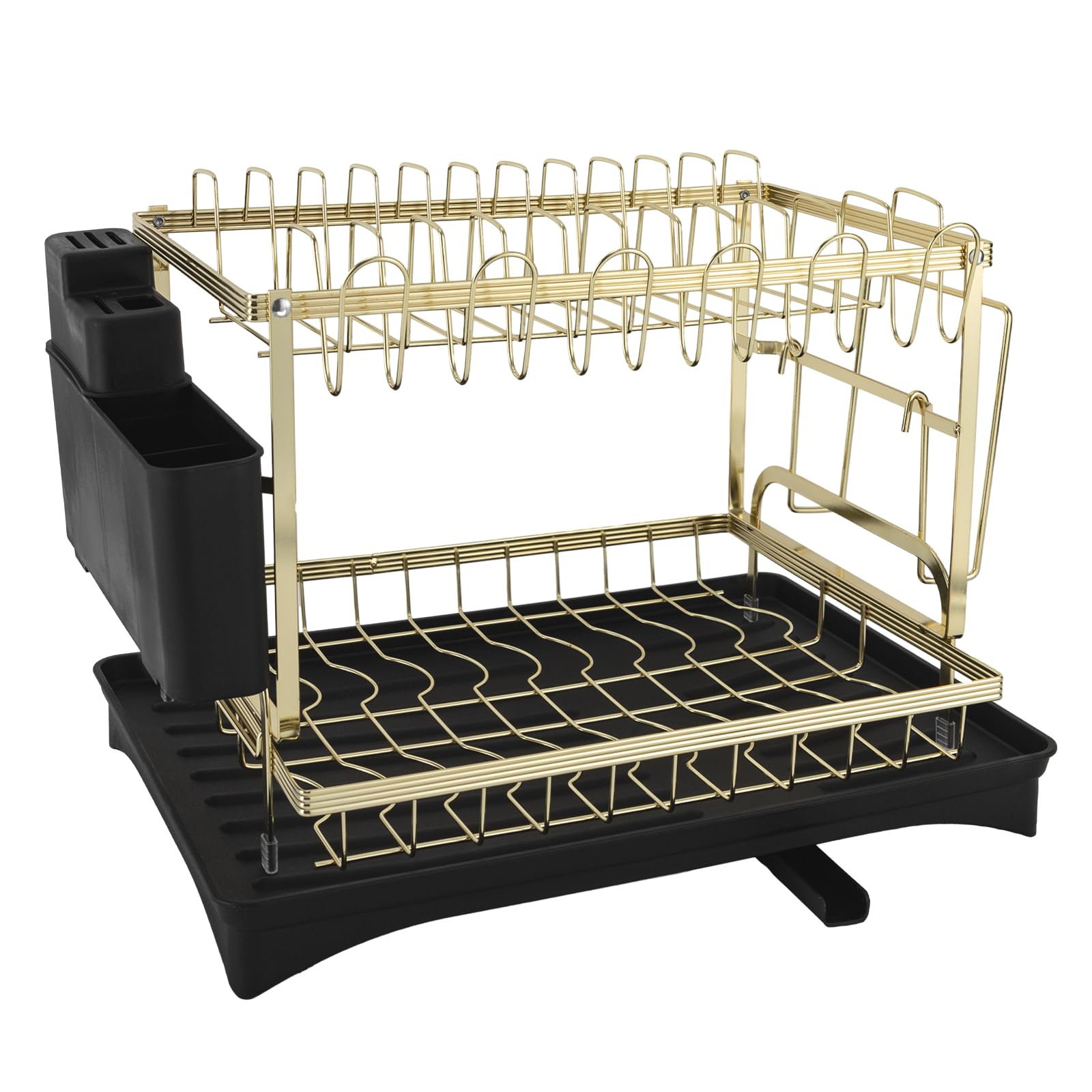 Égouttoir à vaisselle, en acier inoxydable, égouttoir à vaisselle, égouttoir à vaisselle à 2 niveaux, égouttoir à vaisselle, assiette et planche à découper (noir + doré)