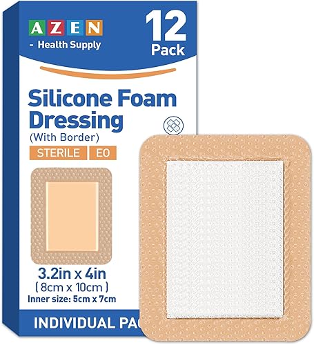 AZEN Paquete de 12 apósitos de espuma de silicona, 3.2 x 4 pulgadas, vendajes de silicona impermeables con adhesivo de borde, vendajes grandes para