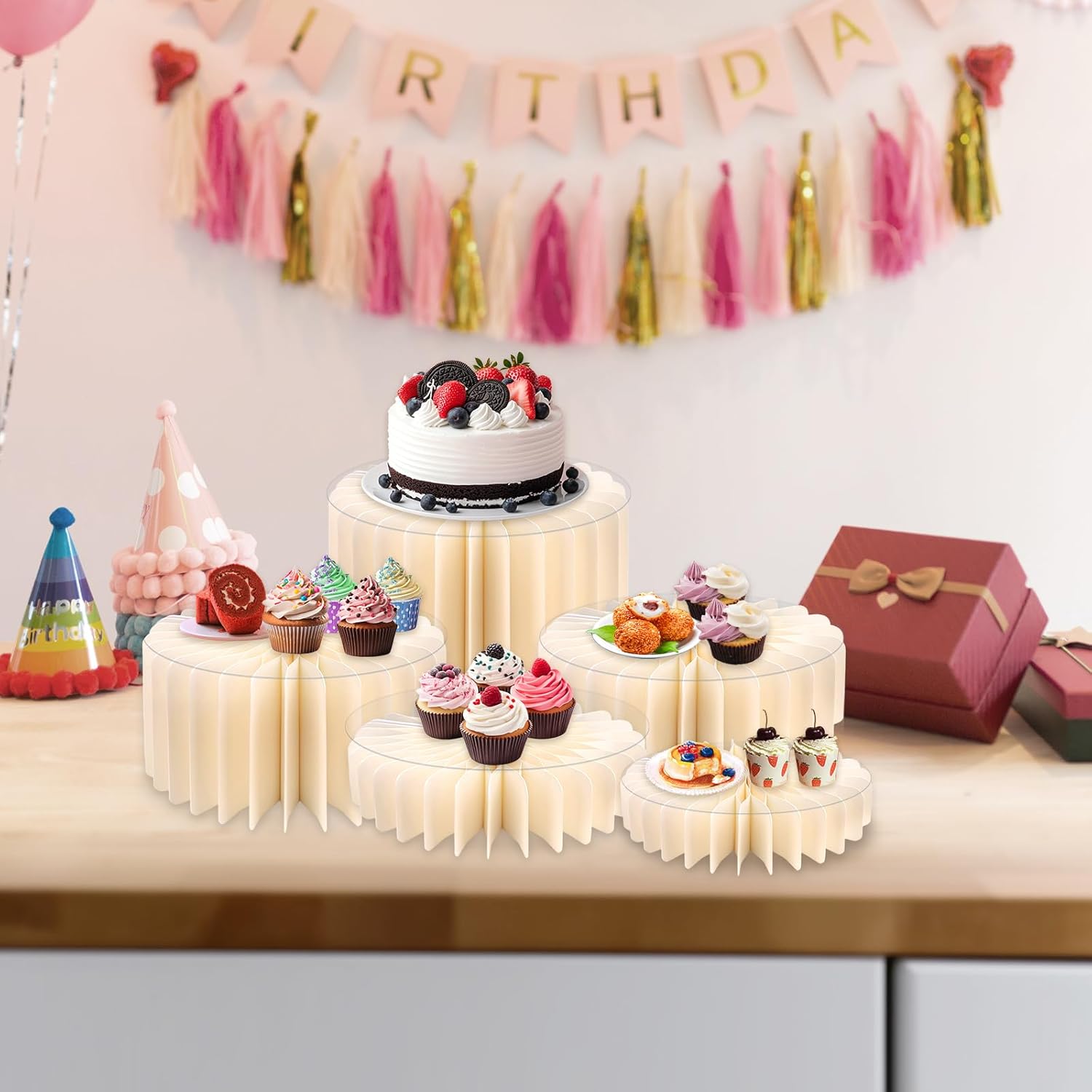 6 Pack Buffet Risers, Acrylic Food Display Risers for Buffet Table, Cardboard Cylinder Stands for Party, Foldable Cake Riser Columns for Catering, Birthday, Weddings, Events Decor