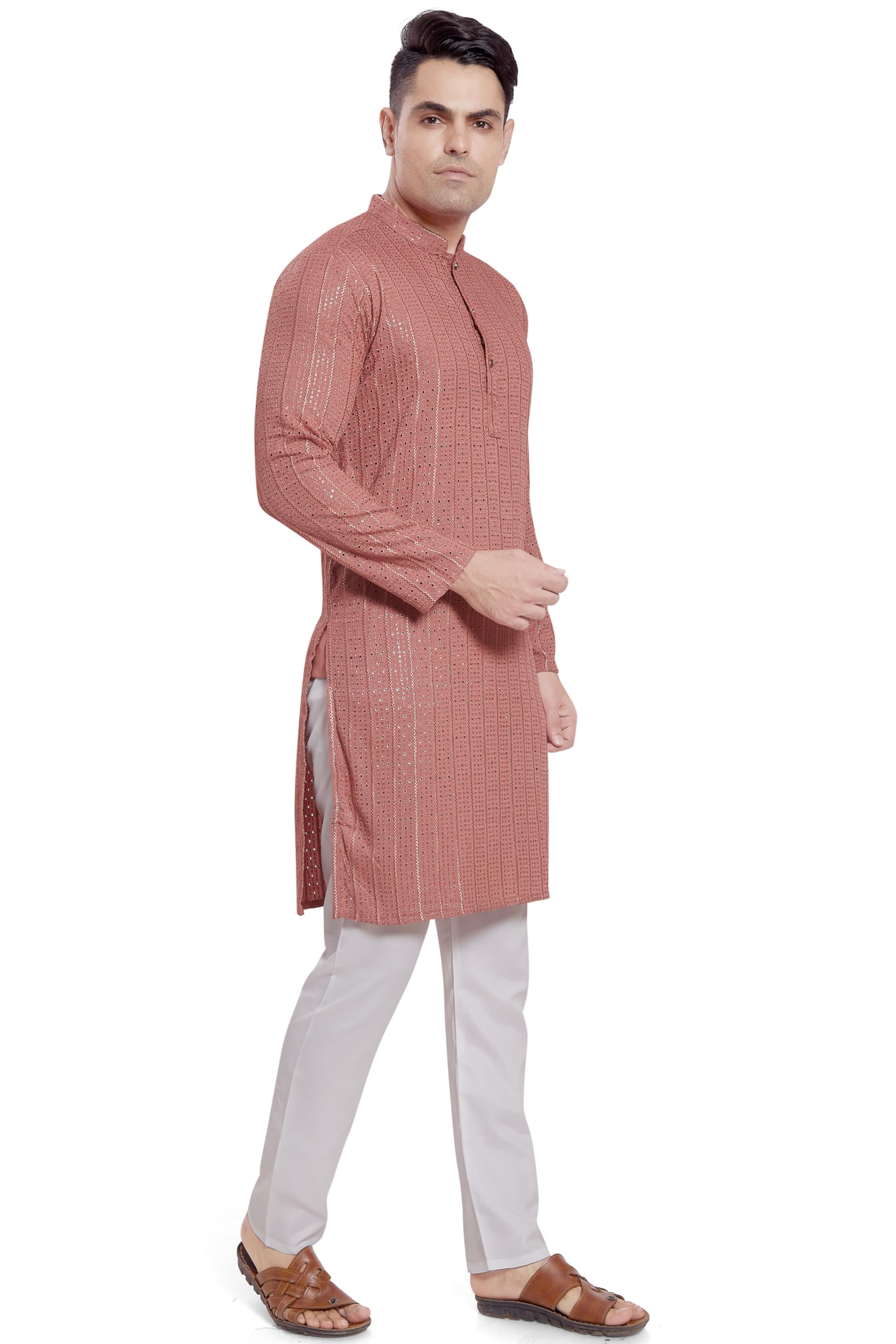 Divisive Men's Embroidered Cotton Blend Only Slim Fit Kurta (Dkrt380_Xl_Peach)