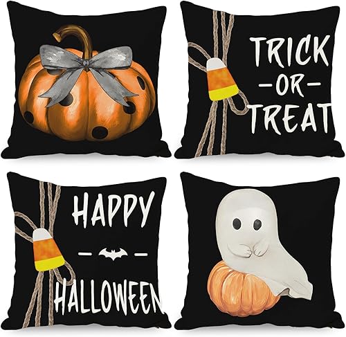 Juego de 4 fundas de almohada decorativas de Halloween, color negro y naranja, para sofá, cama, decoración al aire libre, 18 x 18 pulgadas