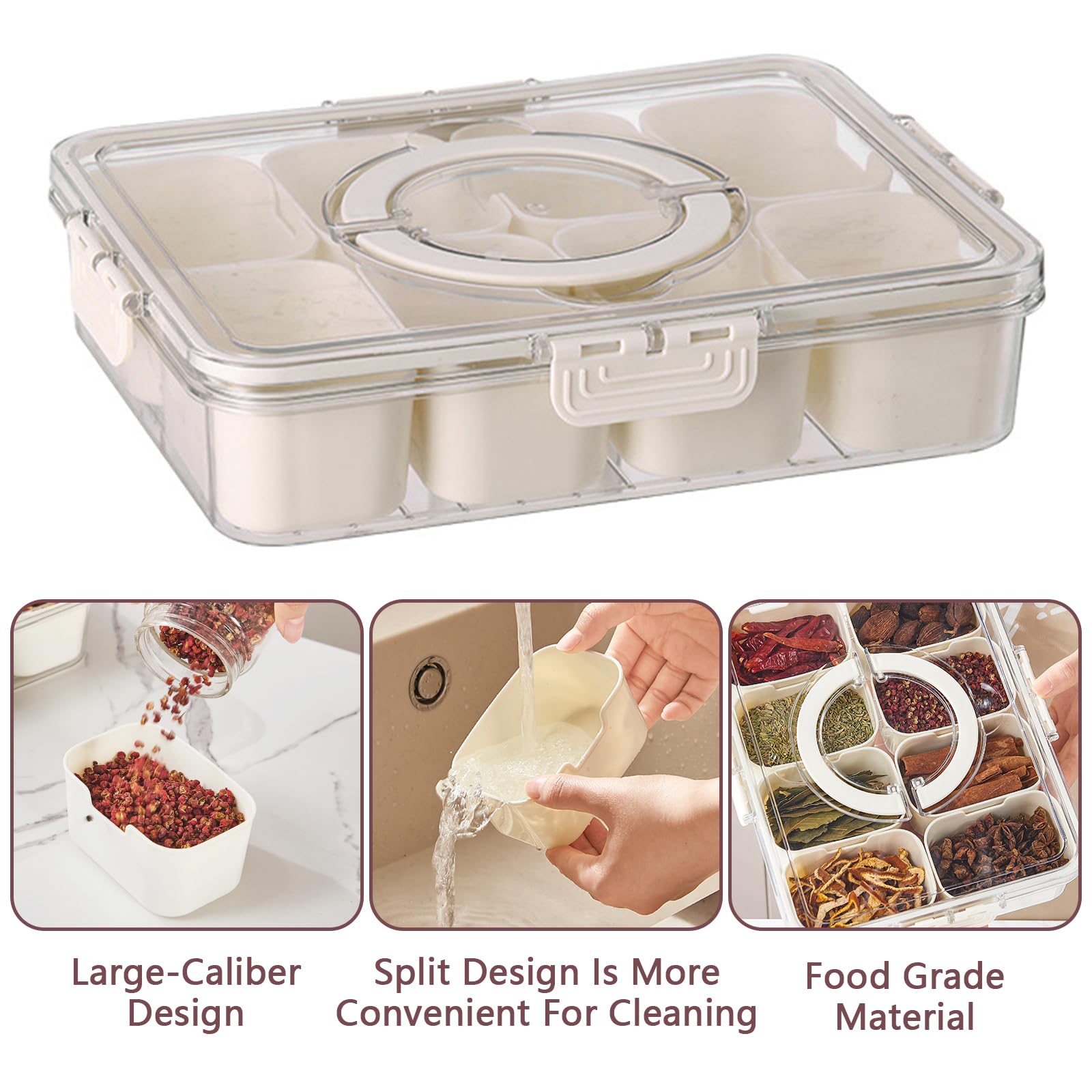 Bandeja de Servir Dividida con Tapa y Asa Bandejas para Bocadillos Cajas Bento para Contenedores de Almuerzo Cajas de Almacenamiento Organizador Portátil de Dulces para Frutas (Blanco)