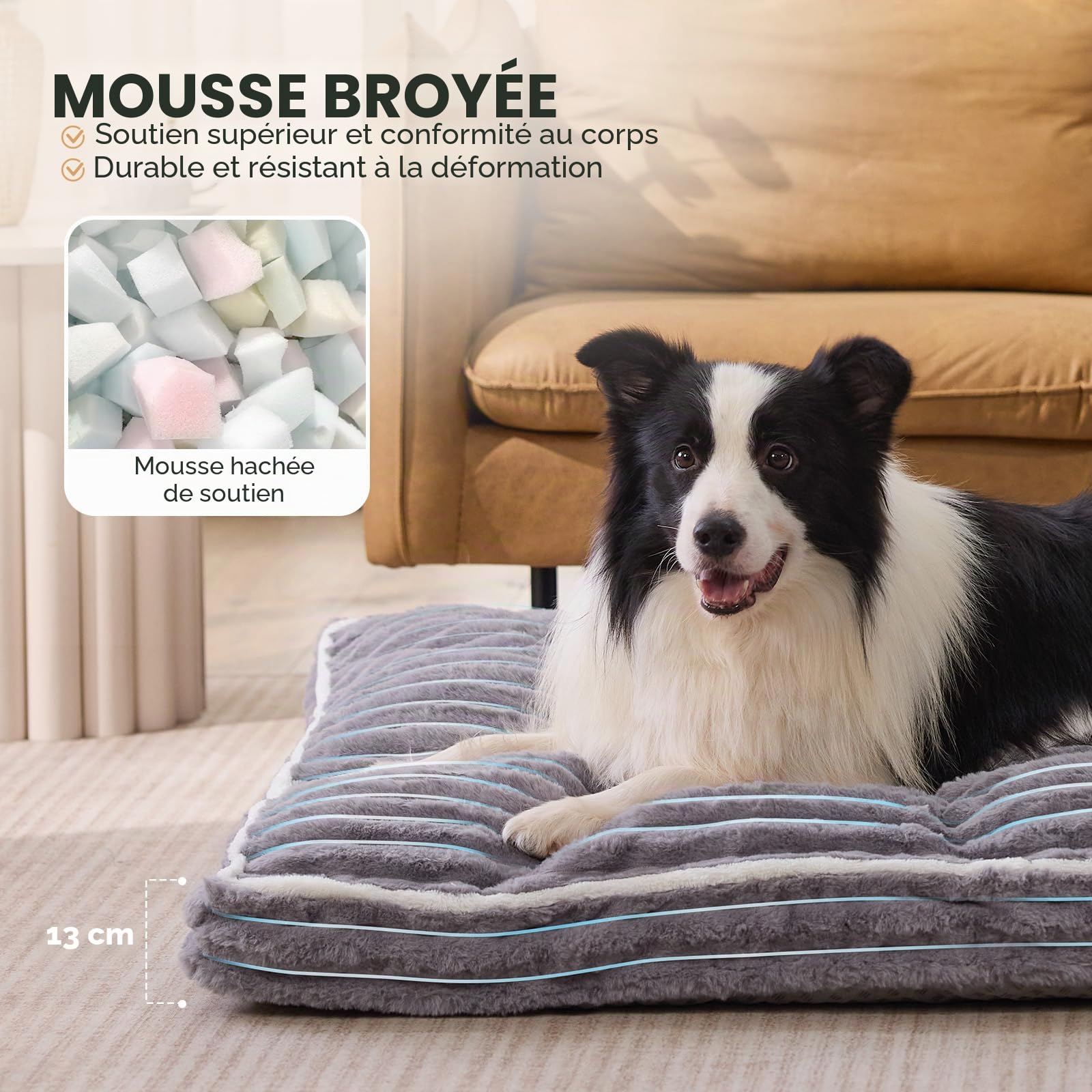 Lit Supportive pour Chien de Taille Moyenne -(90 x 60 x 13 cm) | Housse Amovible en Fausse Fourrure (Imitation Lapin), Doublure 100% Étanche, Gris