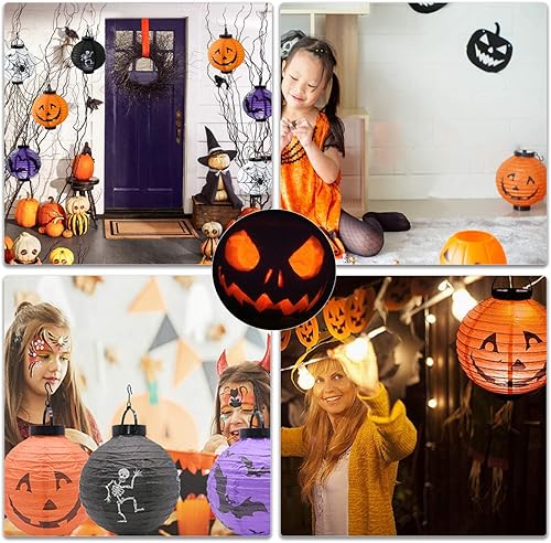 Miniatura 6 de Bimkole Paquete de 4 faroles de papel para decoración de Halloween con calavera de araña, esqueleto, murciélago, calabaza, sonriente, para el hogar,