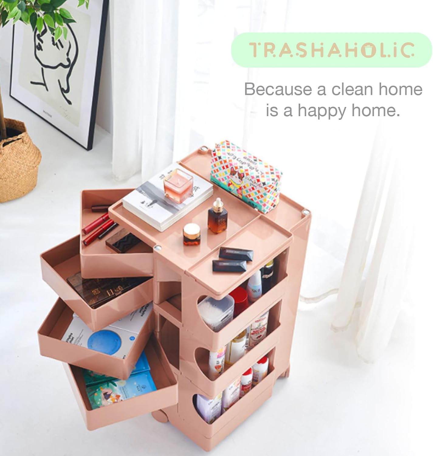 Multipurpose Utility Storage Cart - Ultra Storage Caddy with Wheels and Swing Out Drawers - Designer Home Trolley Cart - Caddy for Salon, Kitchen Bathroom Portable Cabinet - Sakura Peach