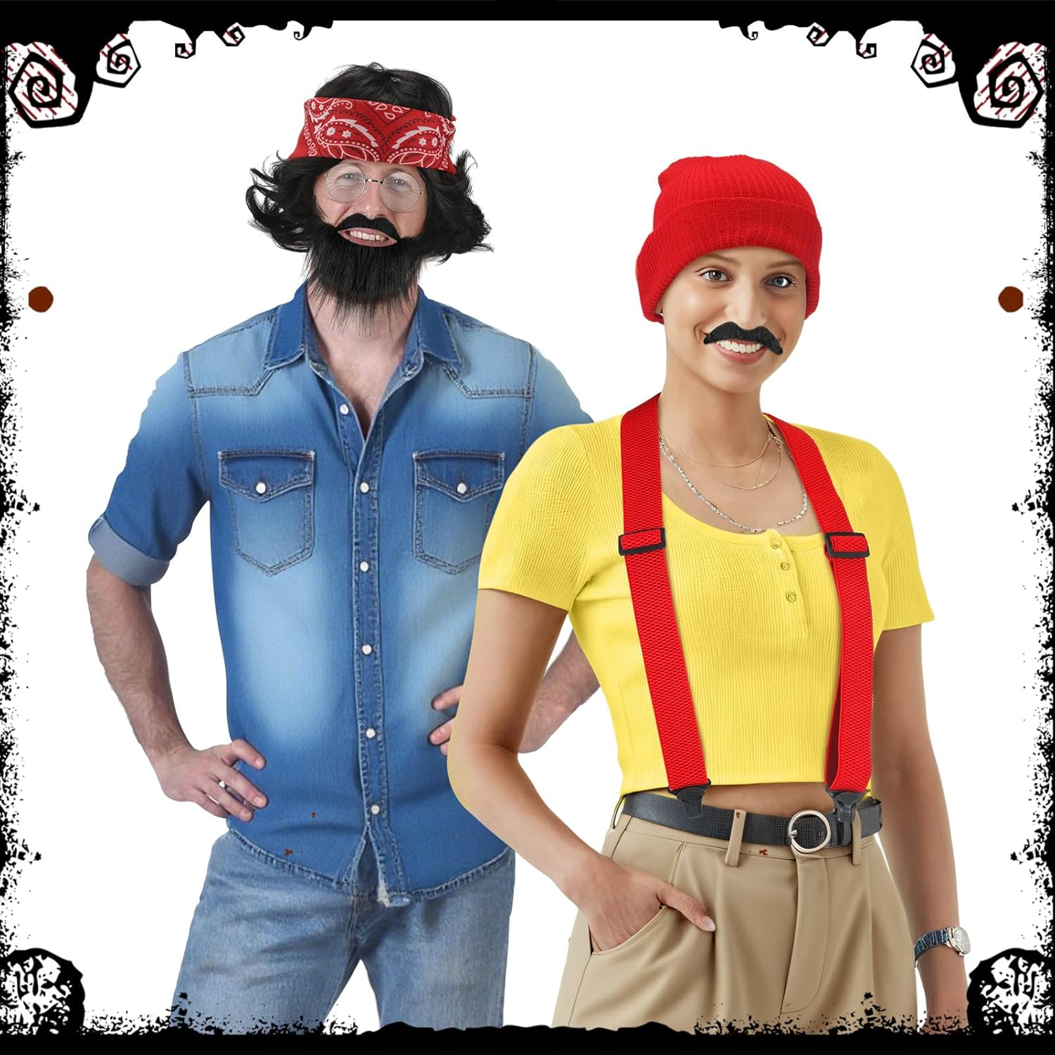 7 Pcs Halloween Men Comedy Costume Set Include Curly Black Wig Beard Red Beanie Mustache Red Bandana Glasses Suspenders the Stoner Comedy Duo Costume for Adult Halloween Party Cosplay - Image 7