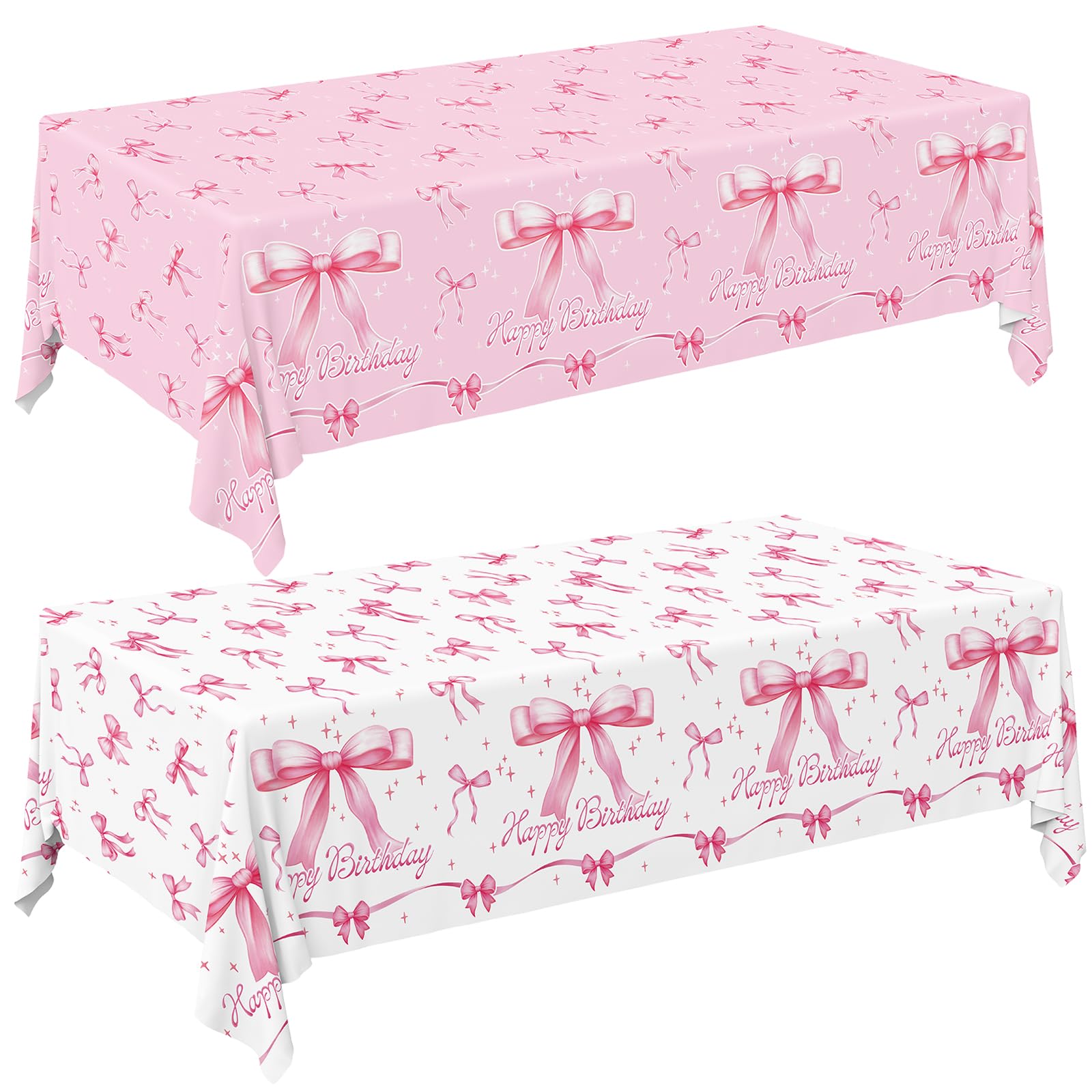 Gatherfun Pink Bow-Themed Party Supplies Set for Women: Happy Birthday &amp; Bachelorette Decorations Combo - Includes 2 Disposable Tablecloths (54 x 108 inch) for Birthday &amp; Tea Party Decorations