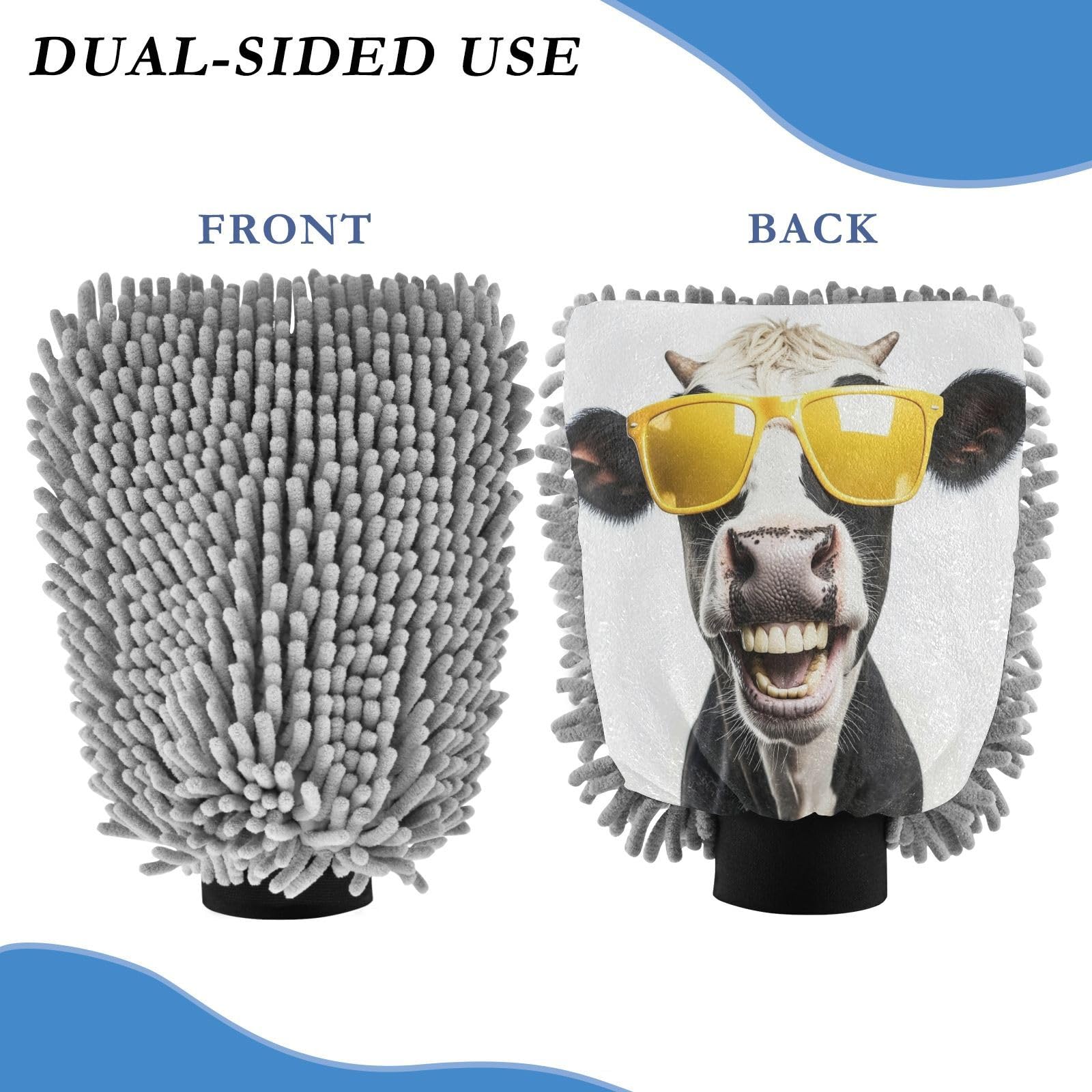Flradish 2 Pack Funny Cow Car Wash Mitt Chenille Microfiber Lint-Free Scratch Free Ultra-Soft Absorbent Car Wash Mitt 11.8x8.07 Inch