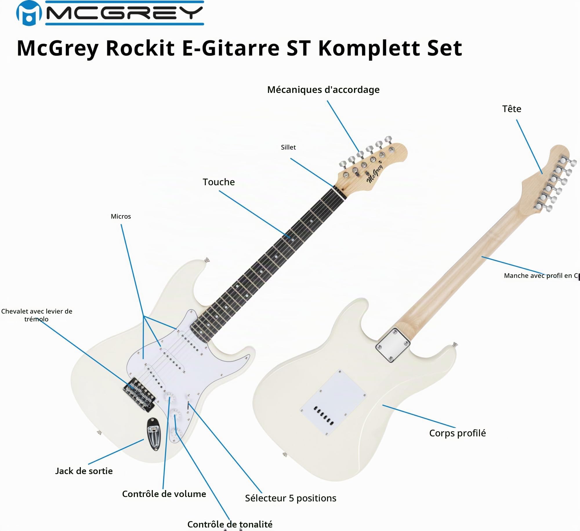 McGrey Rockit ST Set Complet Guitare Électrique (8 pièces pour débutants avec guitare, amplificateur, cordes de rechange, housse, accordeur, médiators, sangle et câble) White