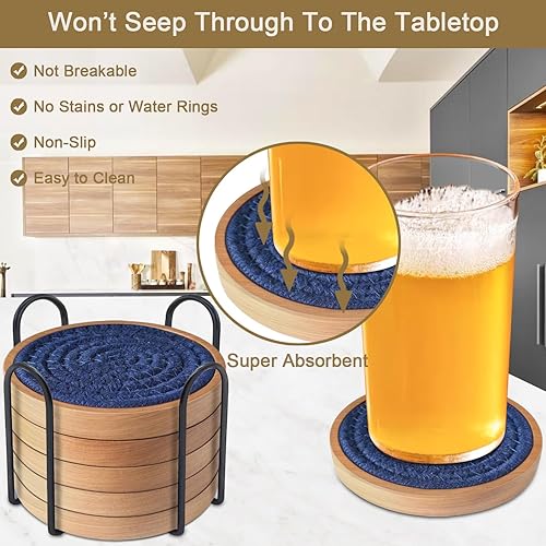 Miniatura 8 de Paquete de 5 posavasos absorbentes para bebidas, posavasos de corcho de 4.3 pulgadas para mesas de café, posavasos de madera para protección de