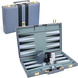 Ensemble de Backgammon pour 2 joueurs - Jeu de société classique pour adultes - Avec étui en cuir synthétique - Portable et facile à transporter - Gris - 38,2 cm