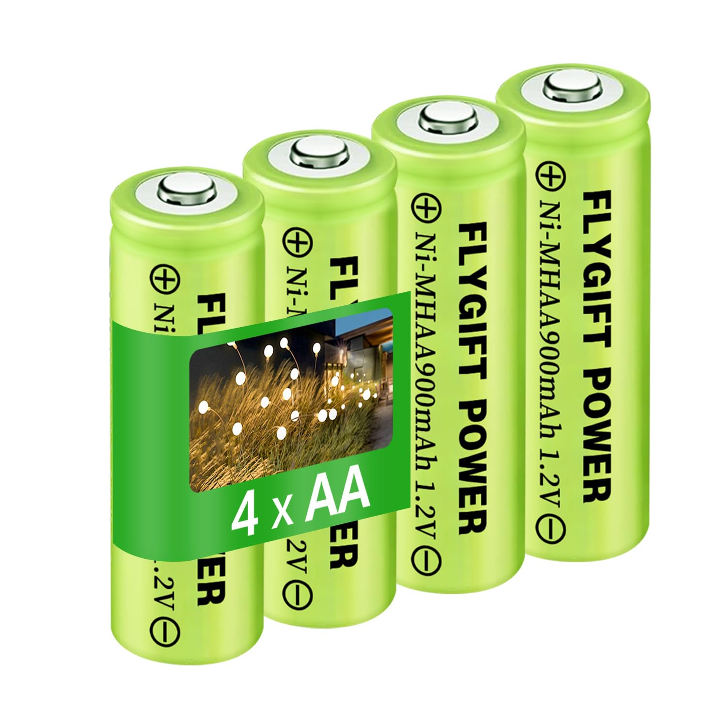 FlyGift AA Rechargeable Batteries Solar Battery for Garden Lights, Double A 900mAh 1.2V Batteries Pre-Charged for Solar Lights, Pathway Lights, Lawn Lamps, Ground Lights (Pack of 4)