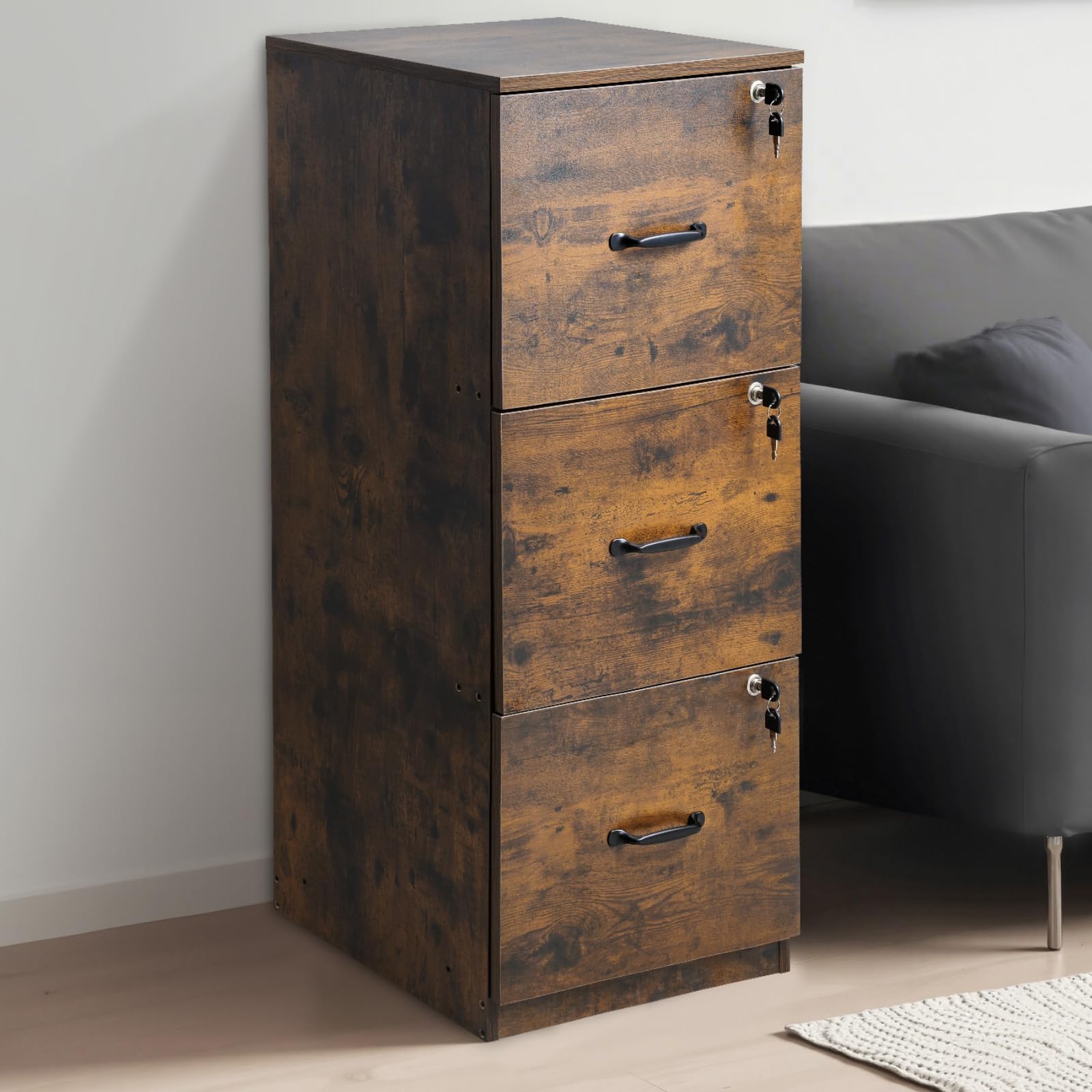 VEVOR Aktenschrank mit 3 Schubladen und Schloss, vertikale Büroschränke aus Holz für Homeoffice, Lagerschrank Materialschrank mit Verstellbarer Hängestange, Aufbewahrungsschrank für Akten im A4