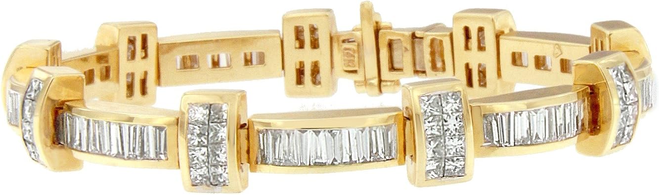Original Classics 14K Yellow Gold 7 3/8ct TDW Princess and Baguette Cut Diamond Bar Link Bracelet H-I,SI1-SI2