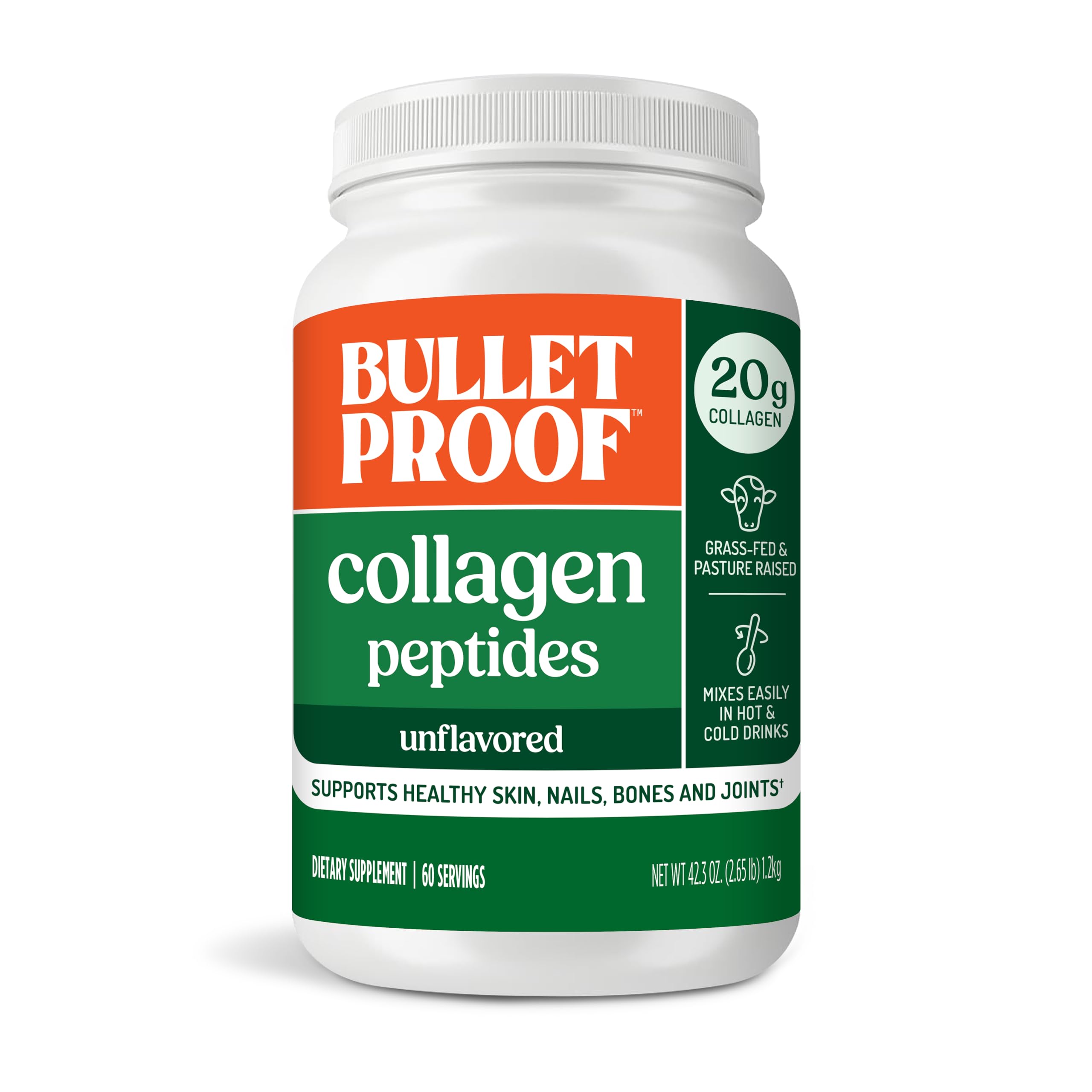 Bulletproof Unflavored Collagen Peptides Powder, 42.3 Ounces, Grass-Fed Collagen Protein and Amino Acids for Skin, Bones and Joints