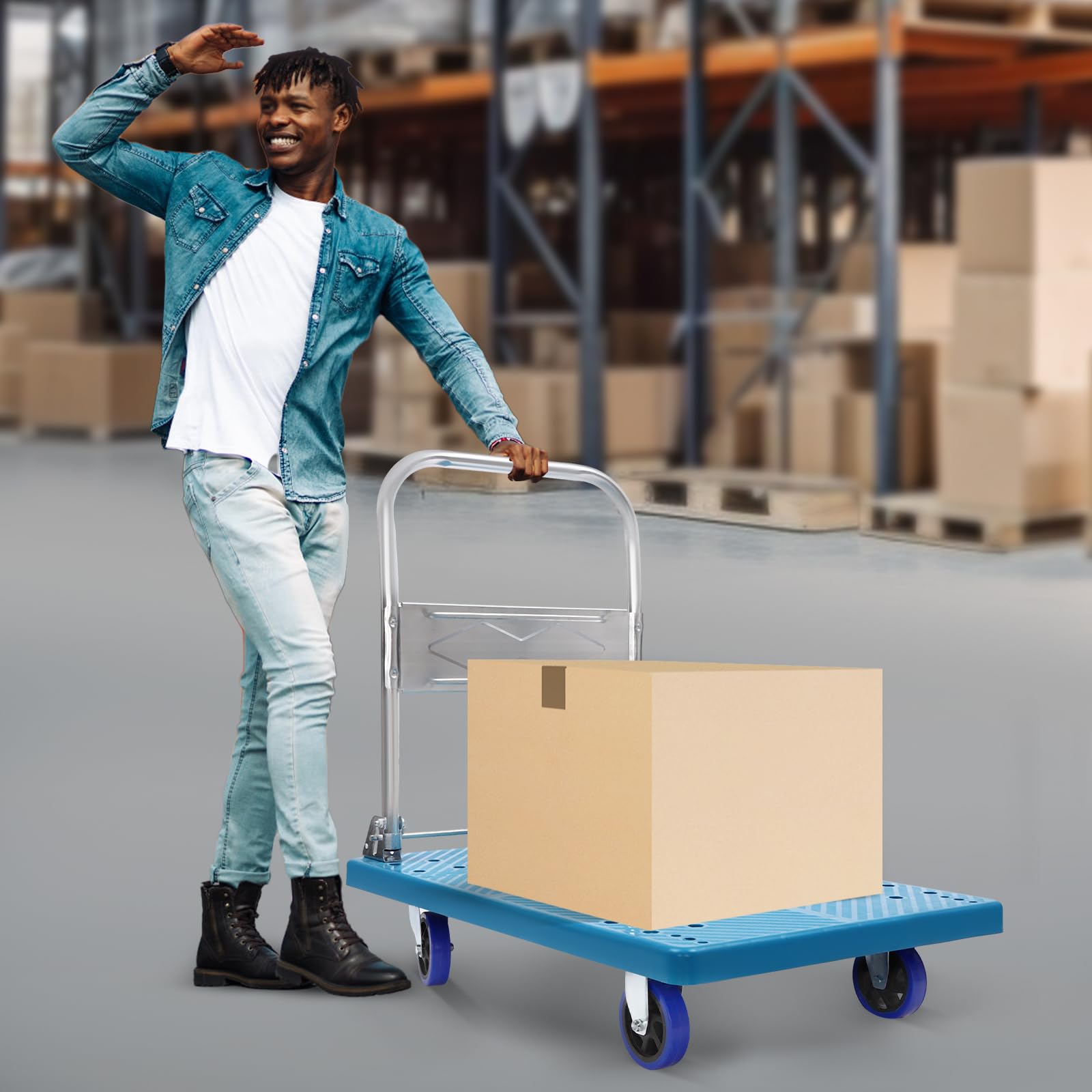 Carrello pieghevole per il trasporto con piattaforma, portata 300 kg, con rivestimento antiscivolo, 4 ruote in TPR per fabbriche e ristoranti