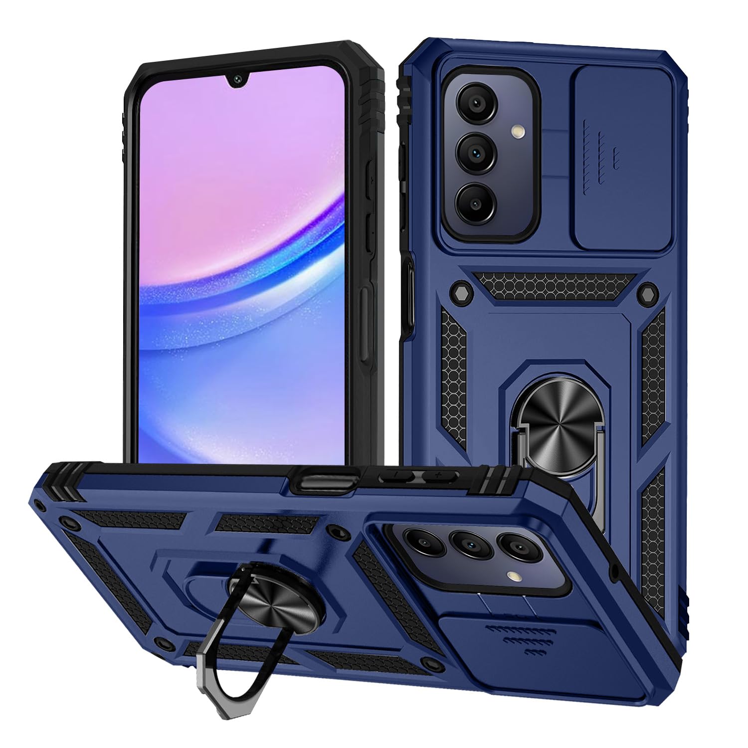 T Tersely for Samsung Galaxy A15 5G Case with Camera Cover and Stand Kickstand Ring Military Grade Shockproof Protective Cover Back Wtih Car Magnetic Mount (Blue)