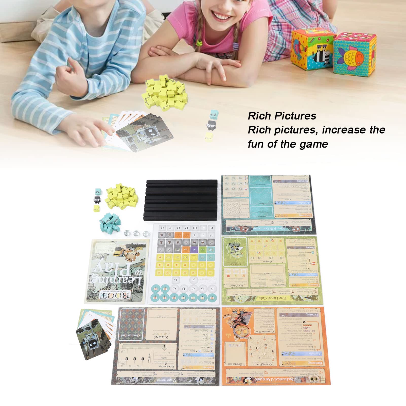 Gioco da tavolo di strategia per bambini, gioco da tavolo educativo, gioco di carte per l’interazione in famiglia con pezzi in legno e carte dei personaggi, divertente attività