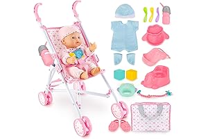 deAO Baby Doll Stroller Set: 13-inch Doll with Foldable Stroller and Accessories