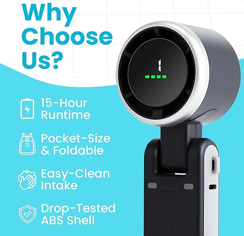 Miniatura 3 de Zephyrus - Ventilador portátil de mano, recargable USB C de 5200 mAh, silencioso de 5 velocidades, sin escobillas, tamaño de bolsillo plegable con