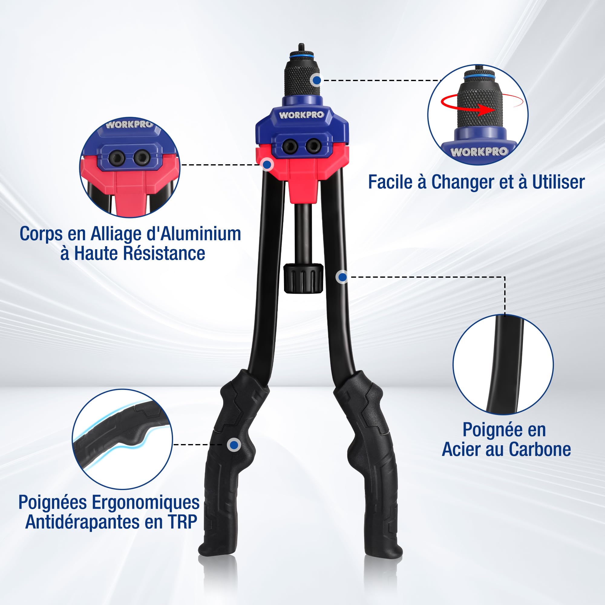 WORKPRO Outil à riveter, 40,6 cm avec 11 mandrins métriques et SAE, ensemble d'outils à rivets manuels avec 185 rivets filetés, riveteuse manuelle avec étui de transport | avec 11 Mandrins Métriques et SAE, Assortiment de 185 Écrous à Sertir, Mallette de