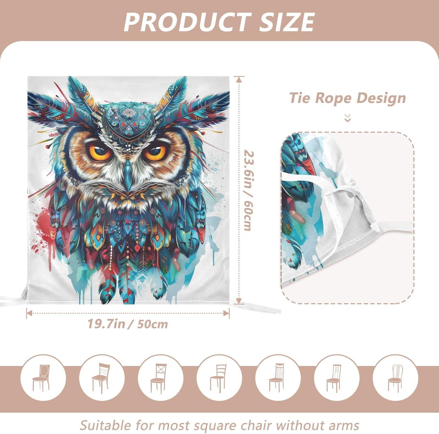 ALAZA Boho Owl with Indian Elements Chair Back Cover Set of 6, Washable Reusable Removable Chair Slipcovers Decorative Chair Cover for Home Kitchen Wedding Party