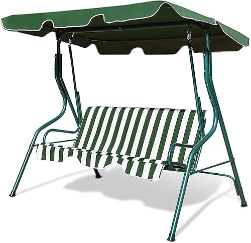 Miniatura 14 de Columpio de porche al aire libre, columpio de patio para 3 personas con cojín extraíble, soporte y toldo ajustable, silla columpio resistente para