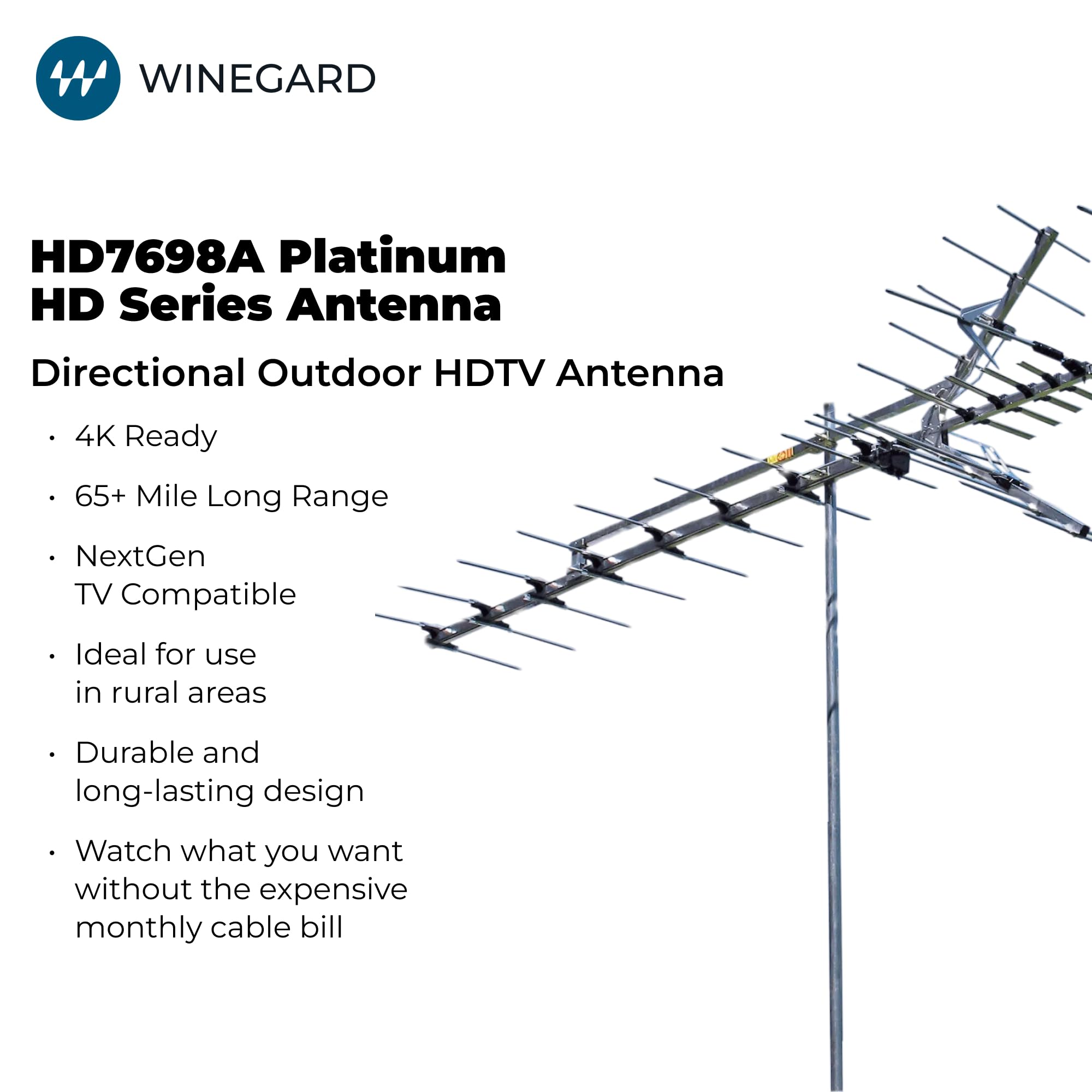 Winegard HD7698A Antena HDTV de largo alcance para exteriores, VHF UHF de alto rendimiento, Yagi con rango de 65 millas, construcción de aluminio de grado profesional