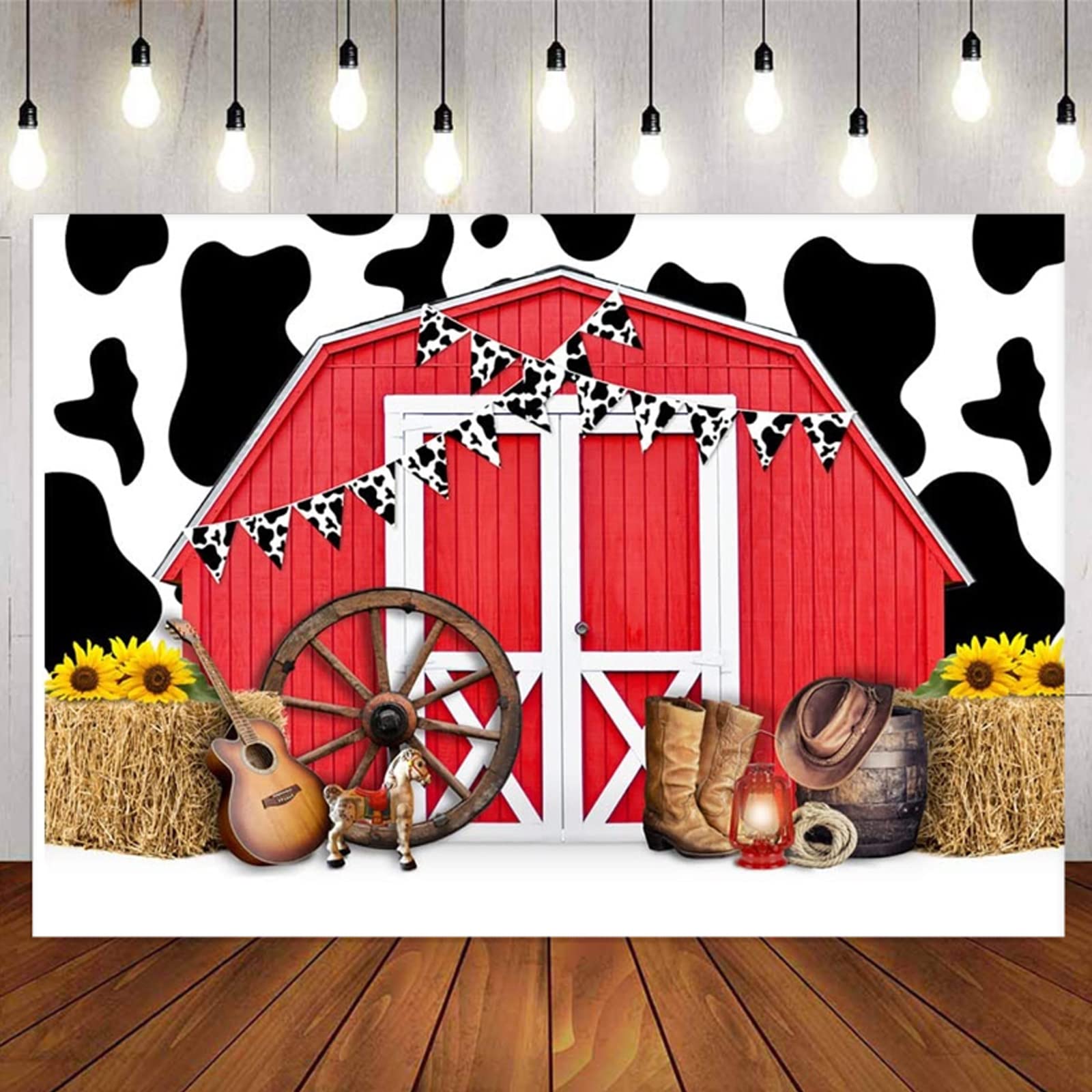Western Cowboy Scene Photography Backdrop Red Barn Door Farm BBQ Party Decoration Background for Birthday Baby Shower Hay Cowboy Hat Background for