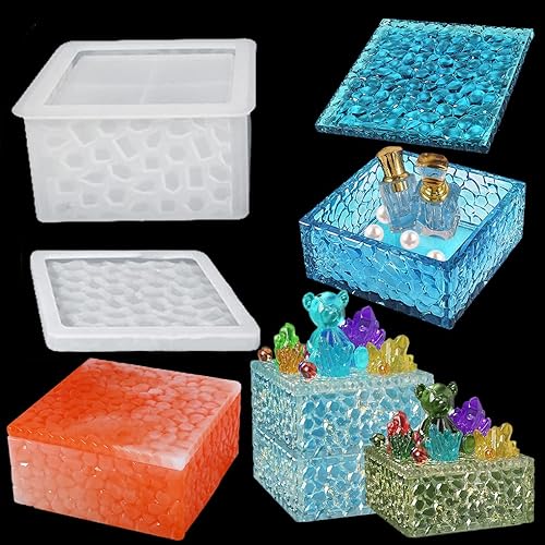 FineInno Caja de almacenamiento cuadrada Moldes de fundición de resina con tapa, caja apilable de ondas de agua, moldes de silicona, estuche de