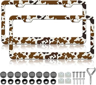 LIN KANG Brown Cow Print License Plate Frames - 2 Pack Funny Animal Spots Print Aluminum Metal License Plate Holder Covers,Rust-Proof Waterproof Car Decorative Tag Frames for Standard US 12x6 Inch