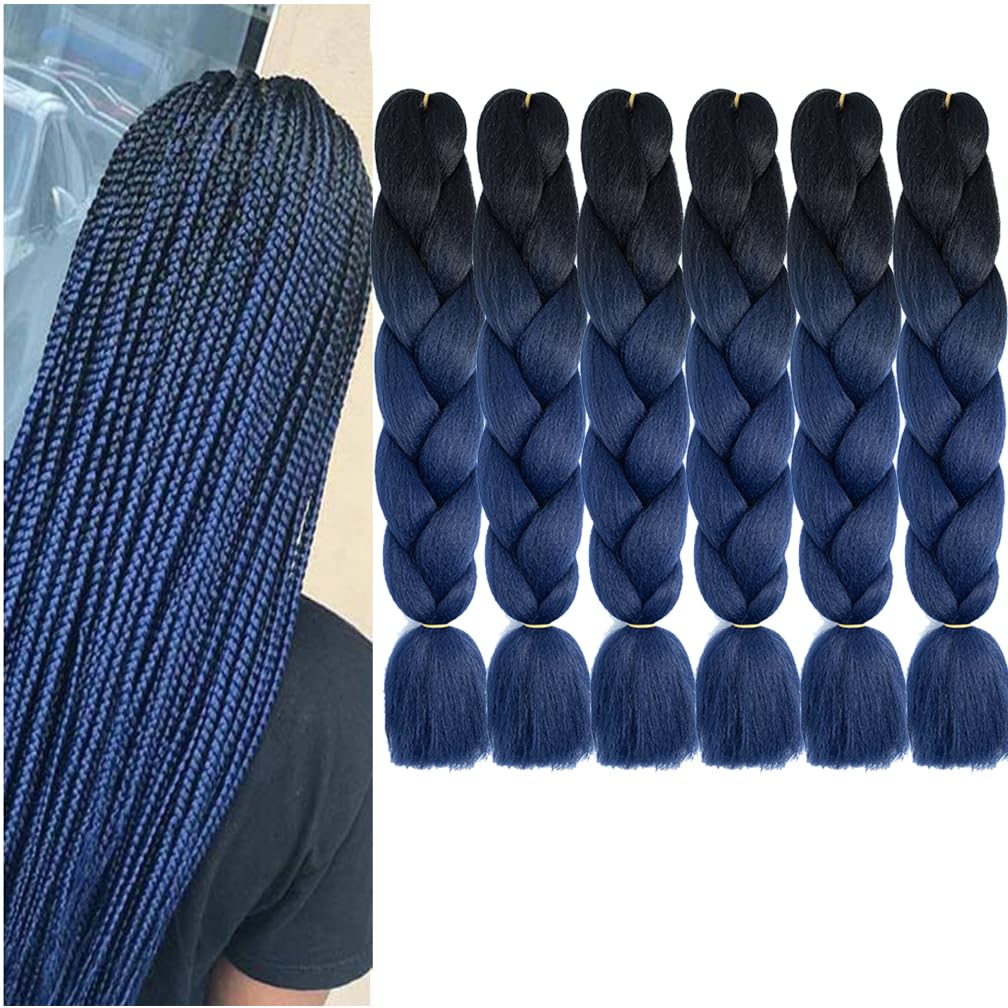 BALINGHAIR Braiding Hair Extensions Ombre Black to Dark Blue Professional High Temperature Braids Hair 24 Inch(B20-6Packs)