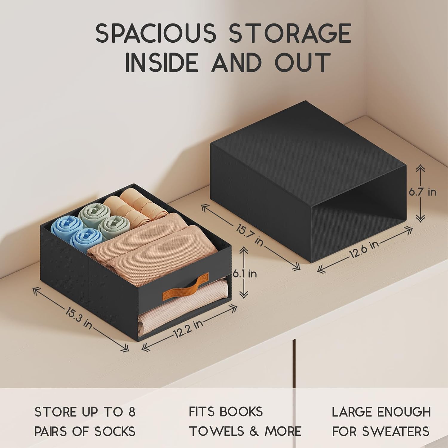 Large Closet Storage Bins - 6 Pack Pull-Out Stackable Fabric Boxes with Clear Window, Foldable Closet Visible Storage Container for Bedroom, Living Room, Home Shelves, Black