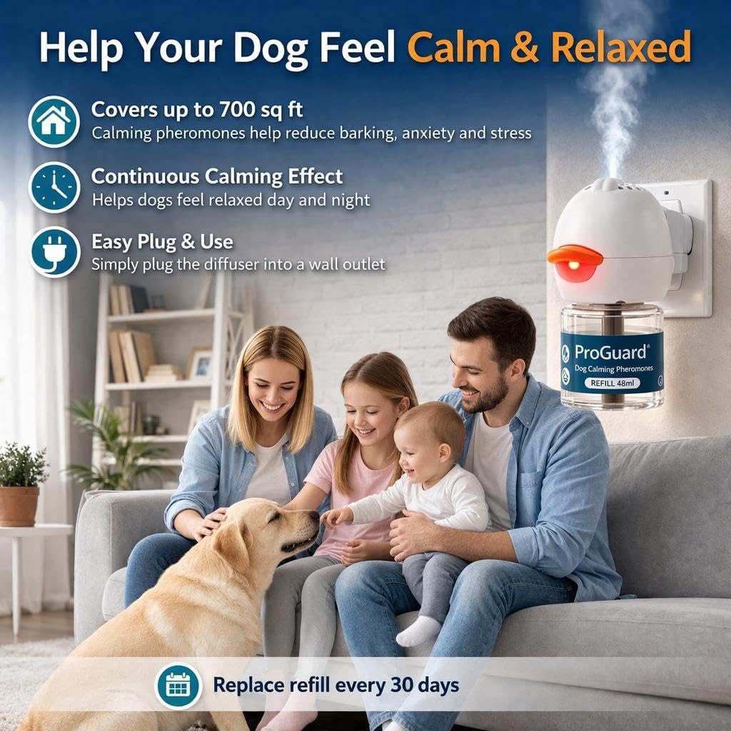 ProGuard Dog Pheromones Calming Diffuser Kit Appeasing Pheromone Diffuser to Calm (3 Plug in+ 6 Pack 48ml Refill) for Anxiety Relieve Relief Reduce Aggression Fighting Barking Stress 180 Day Supply