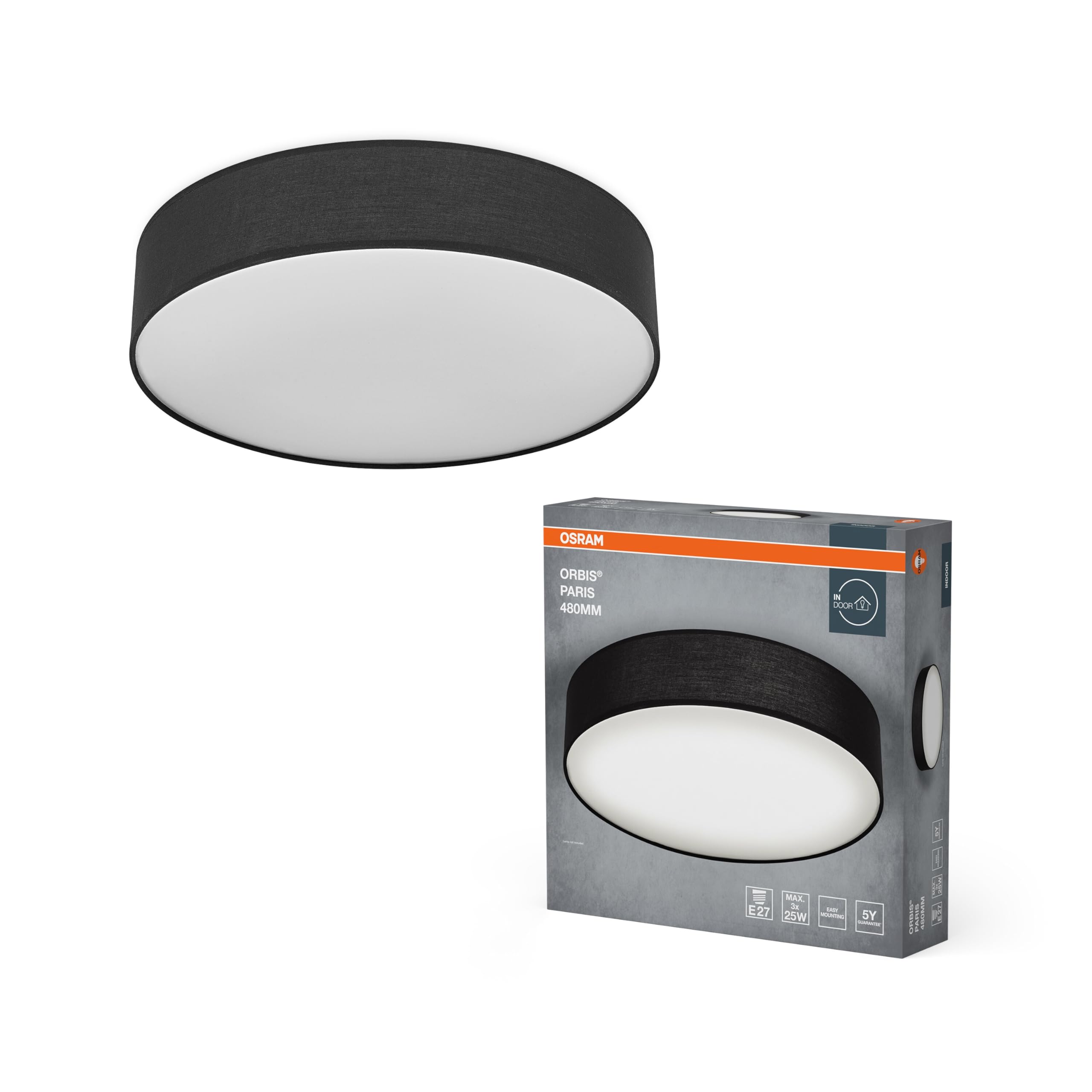 OSRAM Lampa sufitowa ORBIS PARIS 480mm, czarna, trzonek 3XE27, możliwość wyposażenia w inteligentną lampę, nowoczesny design, z tekstylnym kloszem, odpowiednia do wnętrz, okrągła, stopień ochrony IP20