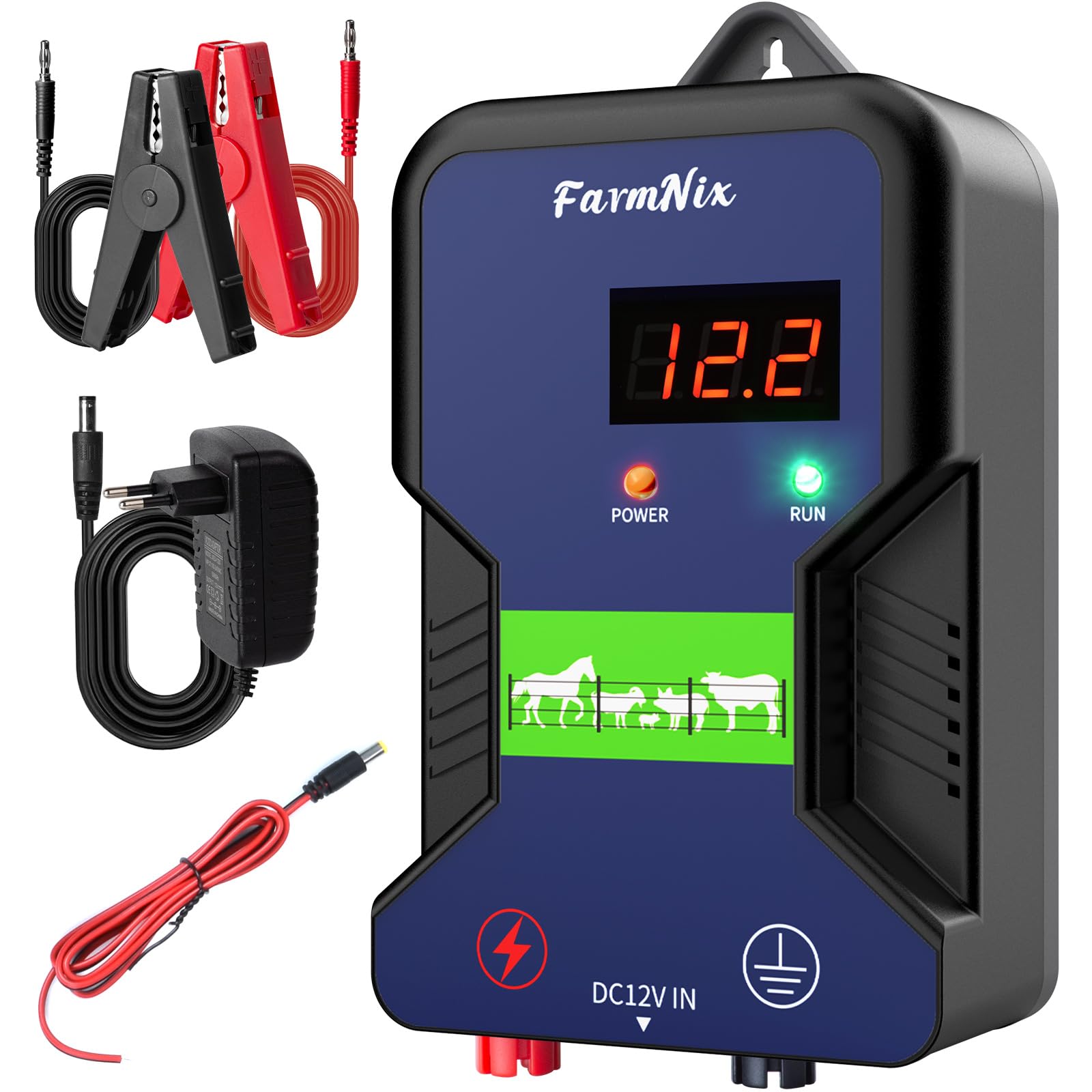 12V Weidezaungerät mit LED Anzeige, 2J Wasserdicht Elektrischer Weidezaun 230V für 15 KM Reichweite, LED Display Eelektrozaun für Schutz von Nutztieren,Haustieren,Geflügel, Hausweide,Gärten (Blau)