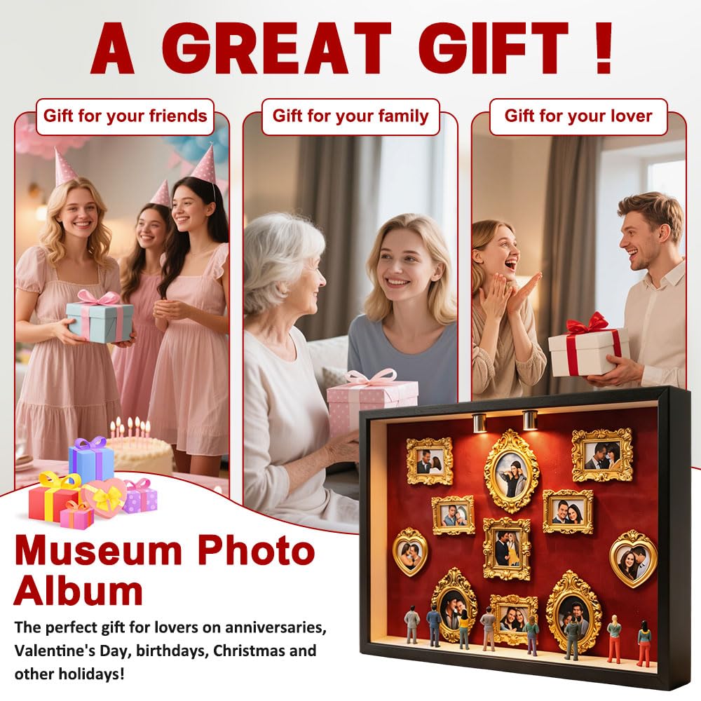 Mini muzeum Silhouette Box, Museum of Us kreatywny zestaw ramek na zdjęcia z 11 złotymi ramkami i 8 figurkami, mini figurki, muzeum, mini ramka na zdjęcia w stylu vintage, na sezon zakończenia