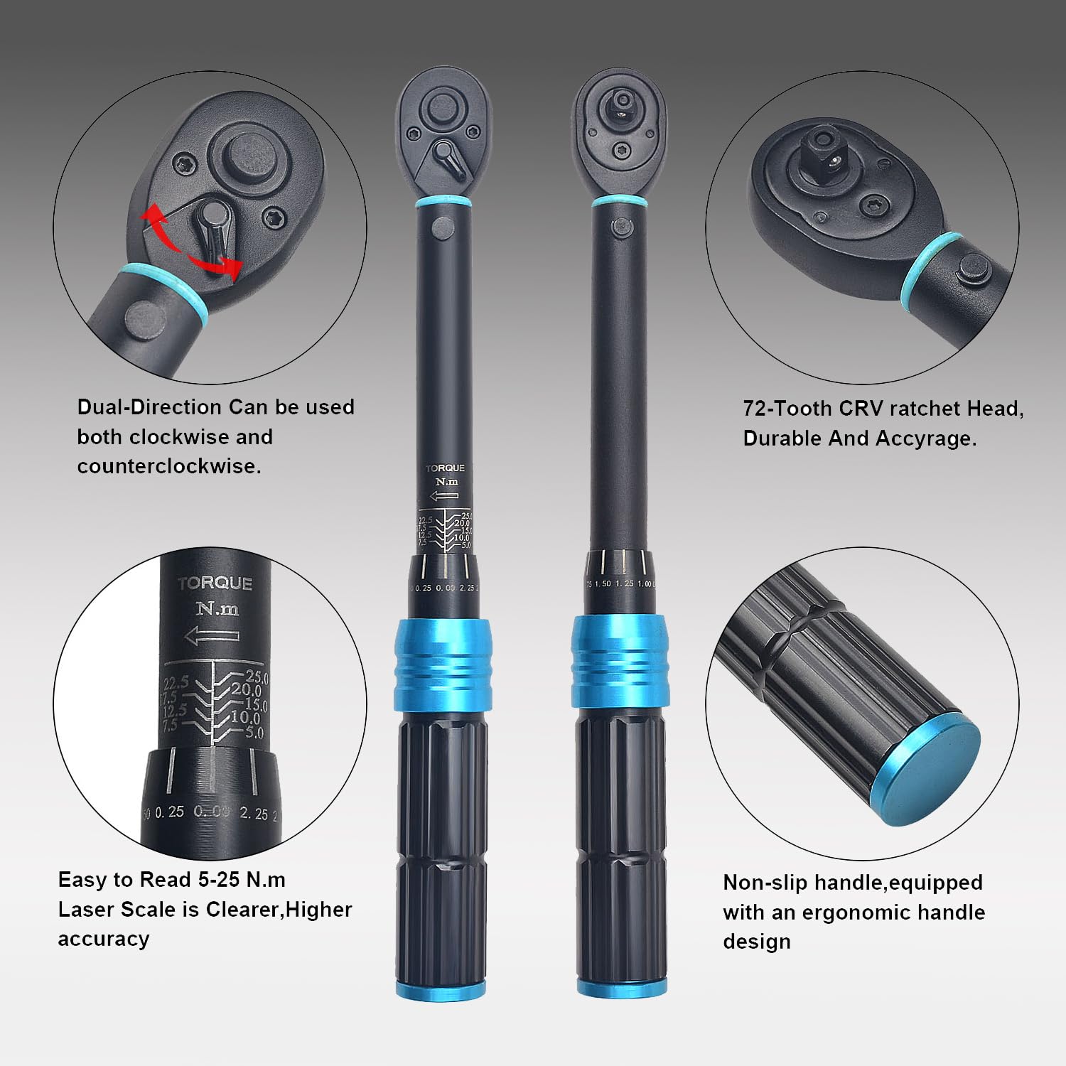 Lot de 32 clés dynamométriques à cliquet réglables de 1/4" pour vélo, 5–25 Nm, ± 3% de précision d'erreur, avec 1 barre d'extension de 10,2 cm, douilles 6–7–8–10–13 mm pour voiture, moto