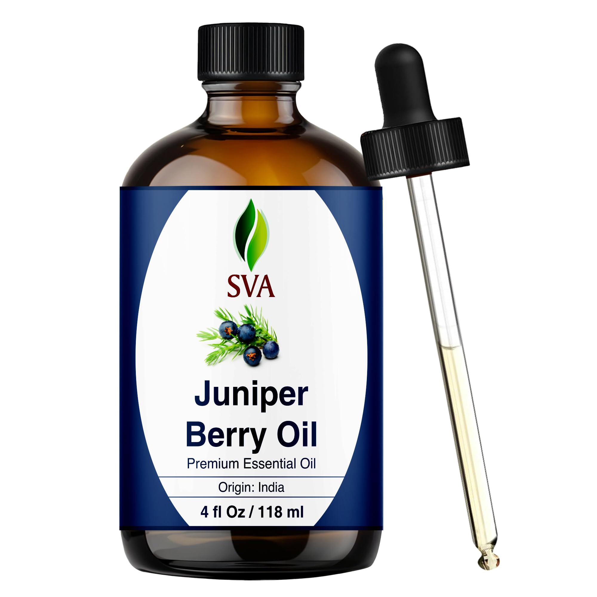 SVA Juniper Berry Essential Oil – 4 Fl Oz – 100% Natural Juniper Oil - for Diffuser, Hair Care, Face, Skin Care, Aromatherapy, Scalp and Body Massage, Soap and Candle Making – with Dropper