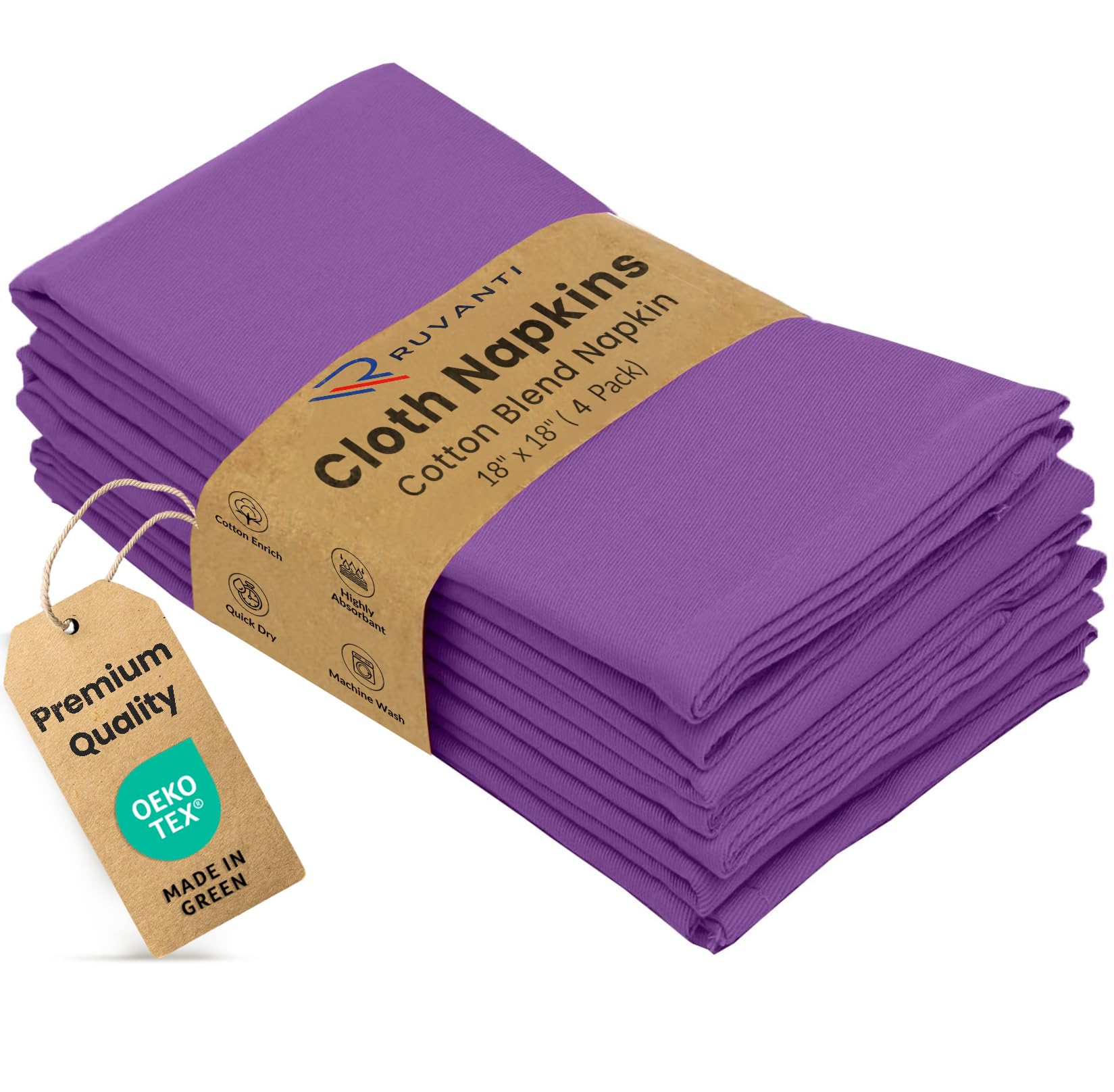 Ruvanti Cloth Napkins Set of 4, Cotton Enrich 18”x18” - Purple