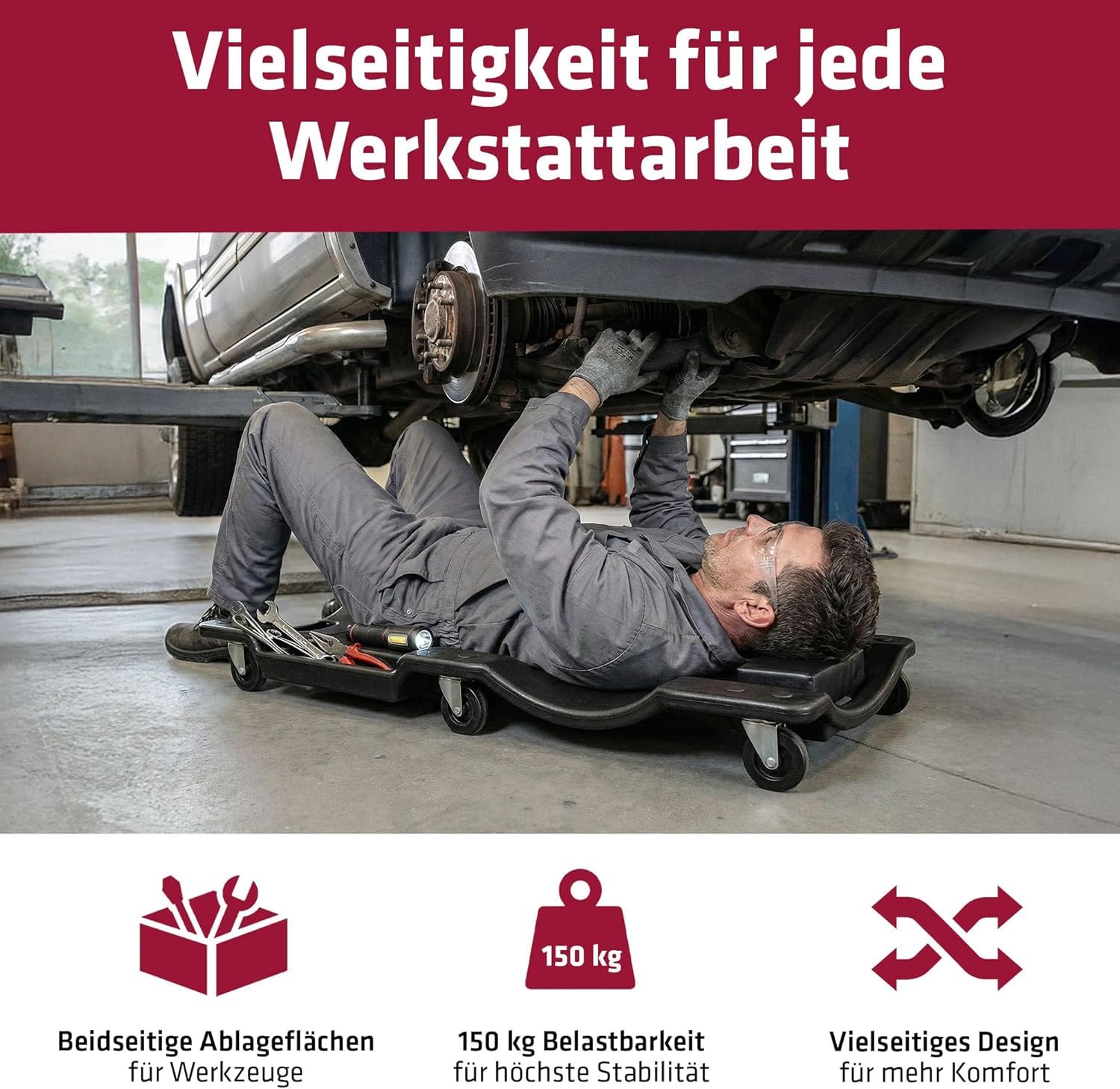 ELMAG Rollbrett Werkstatt 104 x 49 x 9 cm – Rollbrett als Montagerollbrett mit ergonomischem Design, gepolsterter Kopfstütze und Rollen – Werkstattliege mit Werkzeugablage – Bis 150 kg belastbar