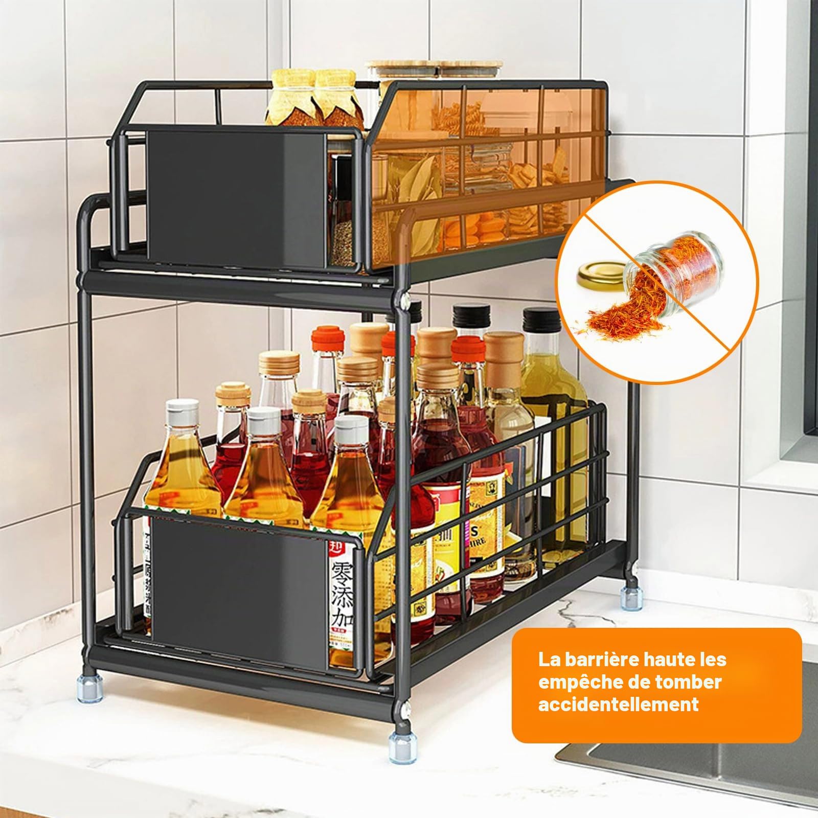 SOONHUA Rangement sous Évier, 2 Niveaux Coulissant Organisateur Sous Evier, Rangement Produits Menagers pour Cuisine, Salle de Bain, Garde-Manger, Armoire de Rangement