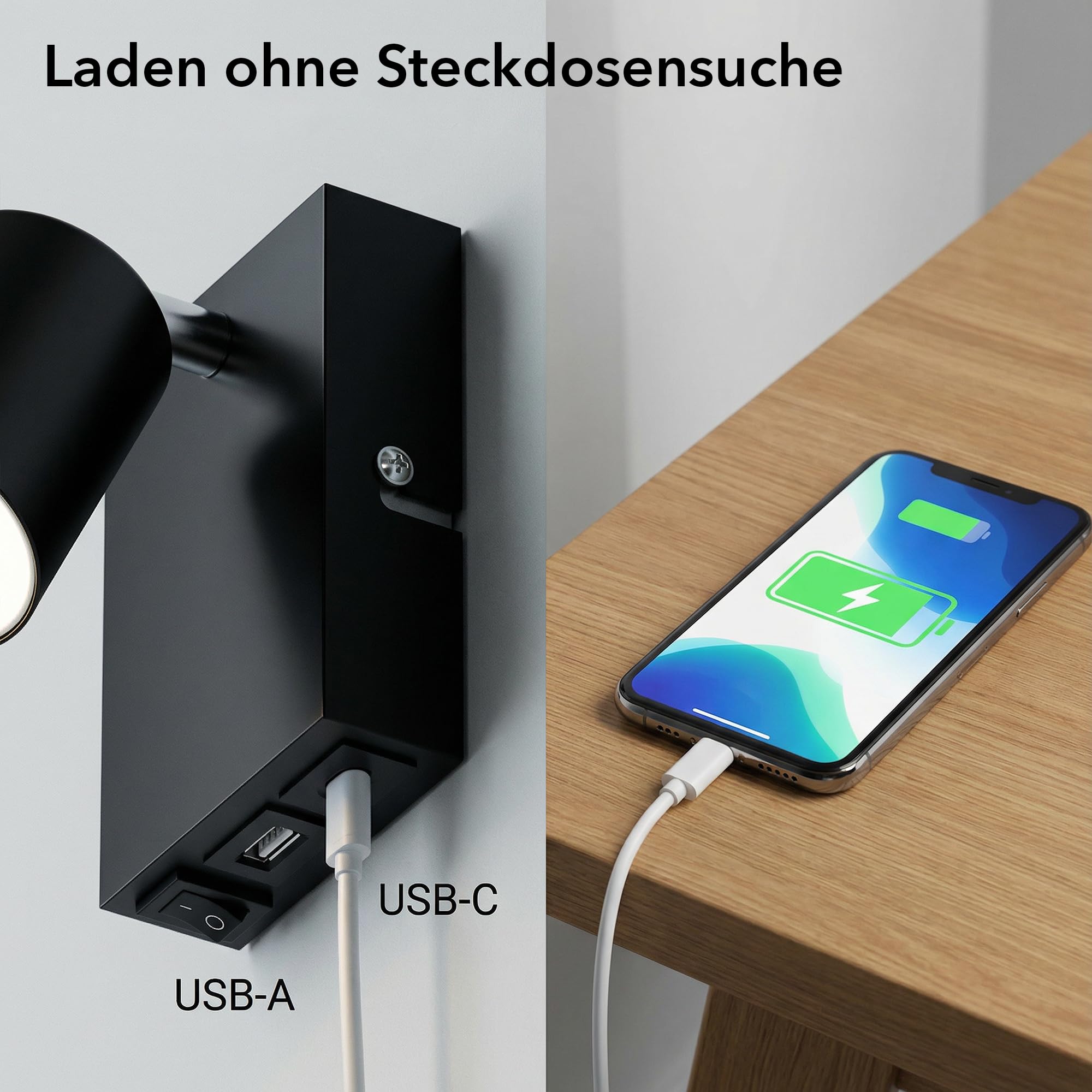 ledscom.de 2x Wandleuchte WAIKA, 1-flammig, schwarz, USB-C, USB-A, inkl. LED GU10 Lampe, 3-Stufen-Dimmer, 609lm, weiß