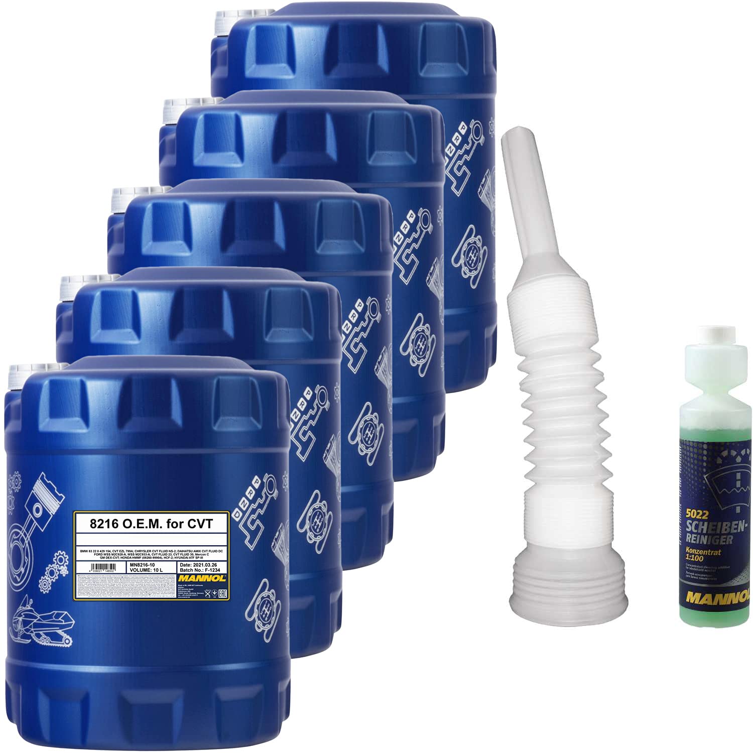 Set 50 Liter 85416182 5022 MN8216-10 CT4504 MANNOL Scheibenreiniger Konzentrant 1:100 250ml 10L Automatikgetriebeöle 8216 for CVT Auslaufschlauch