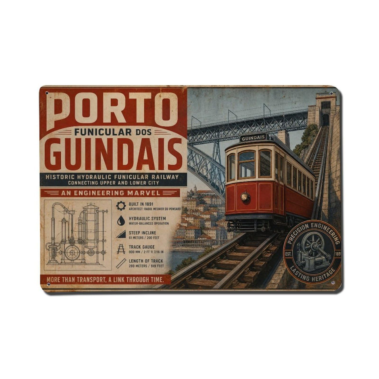 Yrnq 08X12inch Vintage Style Vintage Hydraulic Funicular Guindais Railway Portugal Metal Tin Sign