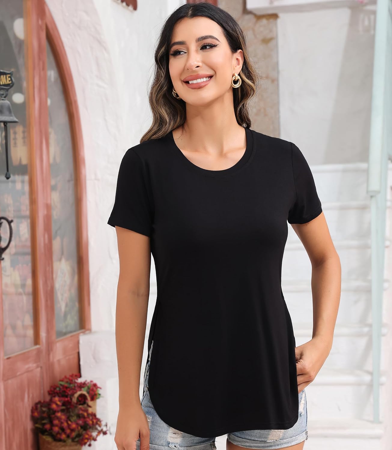 BUENOS NINOS Womens T Shirts Casual Basic Crew Neck Tees Short/Long Sleeve Tunic Tshirt Tops with Side Split Slit - Image 2